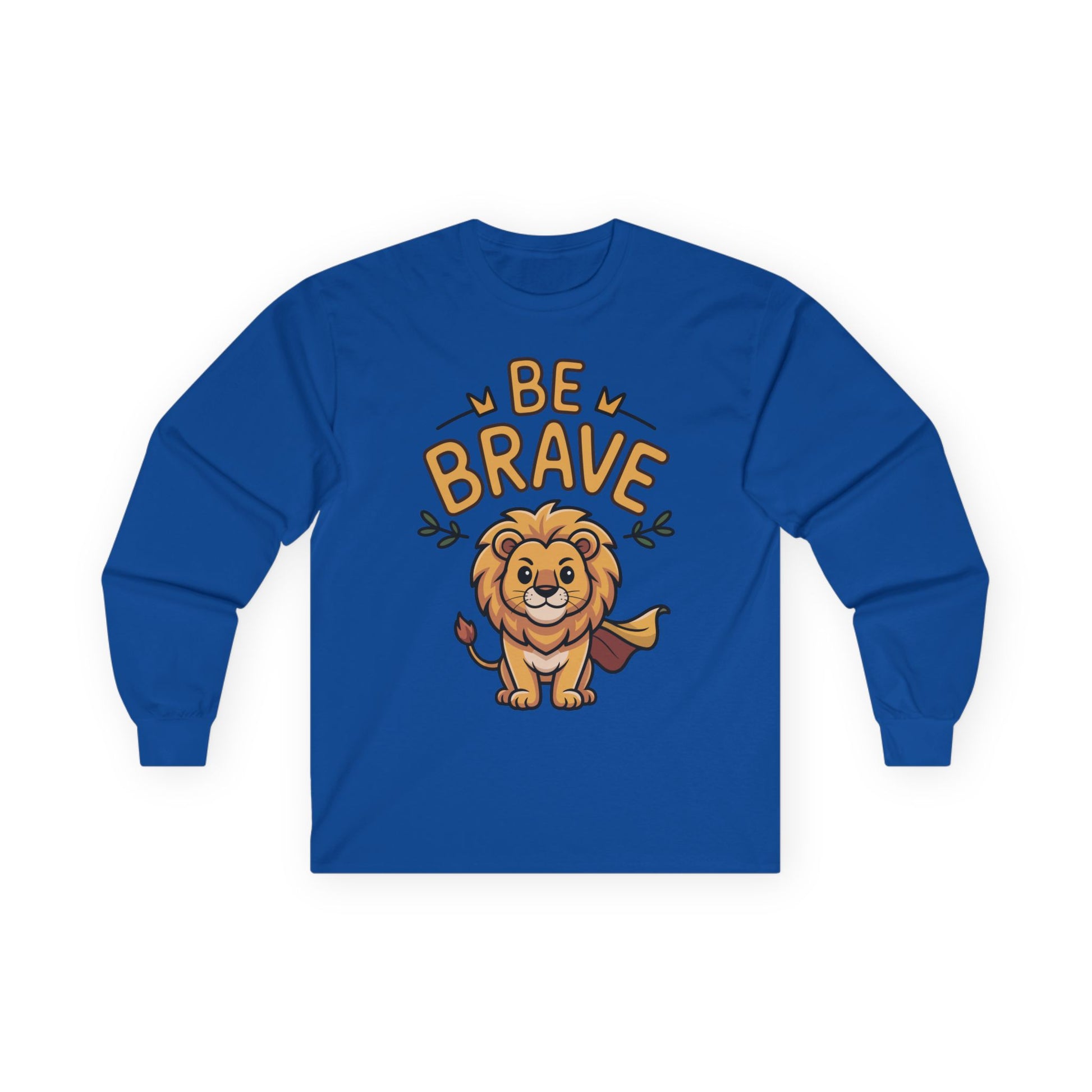  Be Brave long sleeve tee featuring cute cartoon lion with superhero cape and inspiring text. On Blue 
long-sleeve shirt