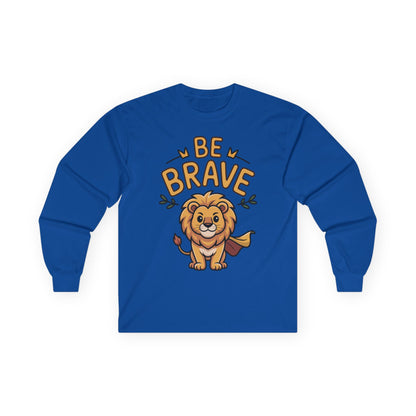  Be Brave long sleeve tee featuring cute cartoon lion with superhero cape and inspiring text. On Blue 
long-sleeve shirt