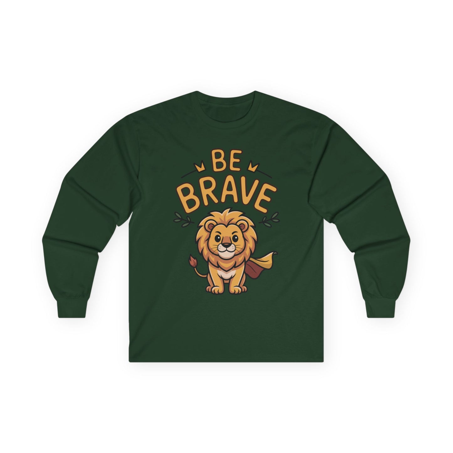 Be Brave long sleeve tee featuring cute cartoon lion with superhero cape and inspiring text. On Green long sleve shirt

