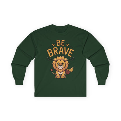 Be Brave long sleeve tee featuring cute cartoon lion with superhero cape and inspiring text. On Green long sleve shirt

