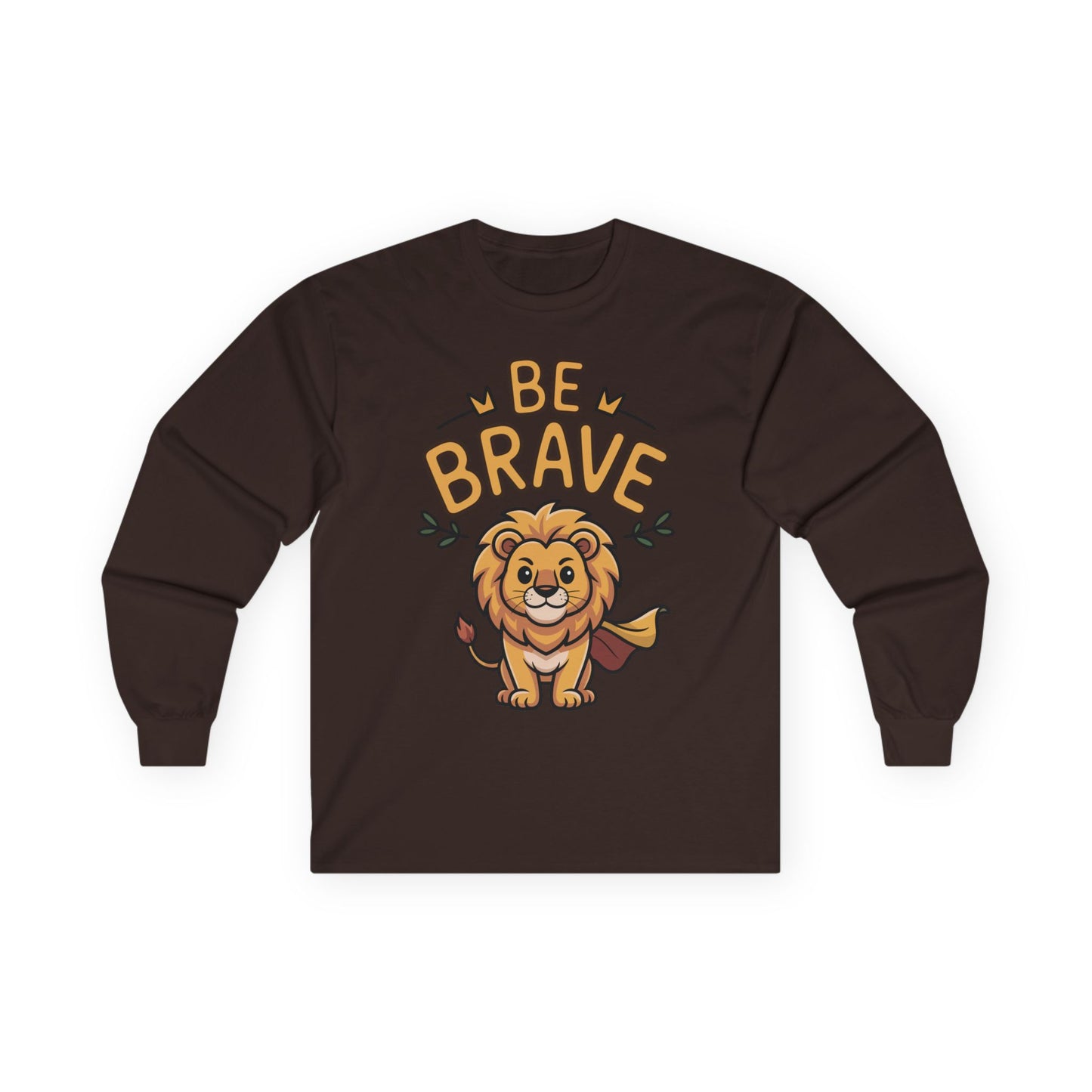 Be Brave long sleeve tee featuring cute cartoon lion with superhero cape and inspiring text. On Maroon shirt

