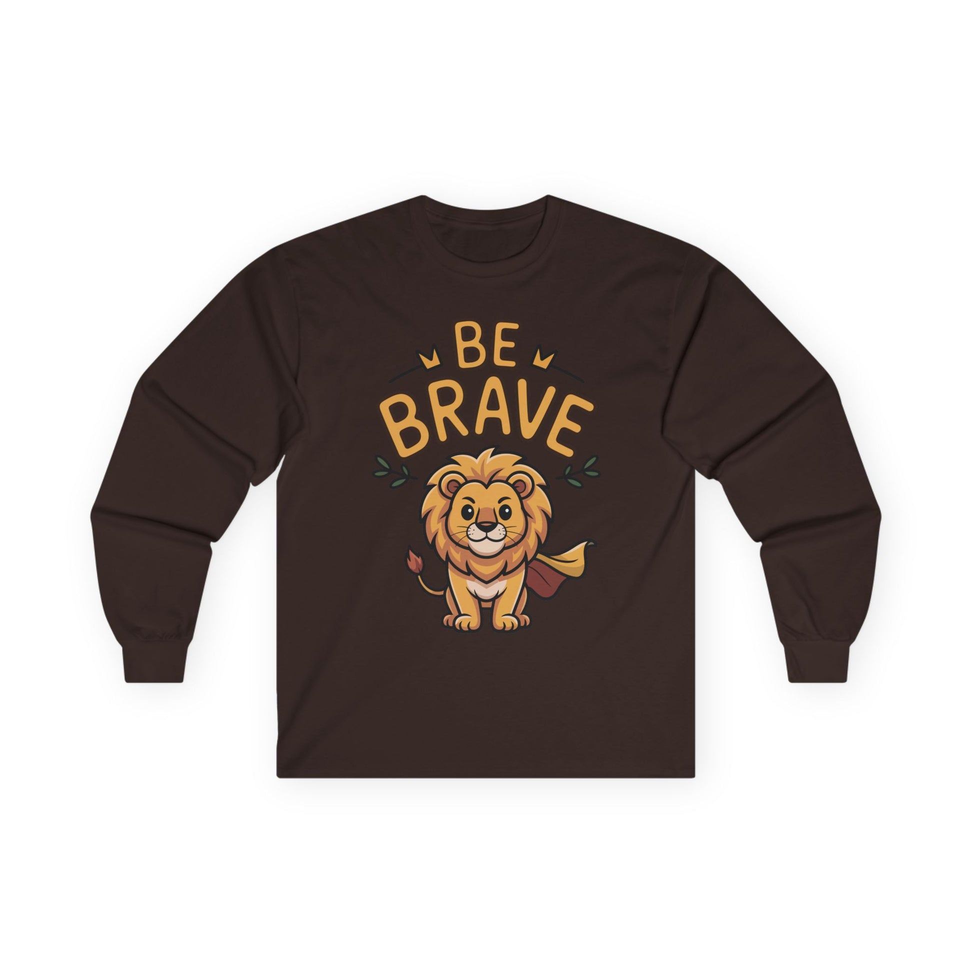 Be Brave long sleeve tee featuring cute cartoon lion with superhero cape and inspiring text. On Maroon shirt

