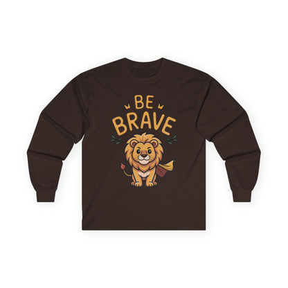 Be Brave long sleeve tee featuring cute cartoon lion with superhero cape and inspiring text. On Maroon shirt

