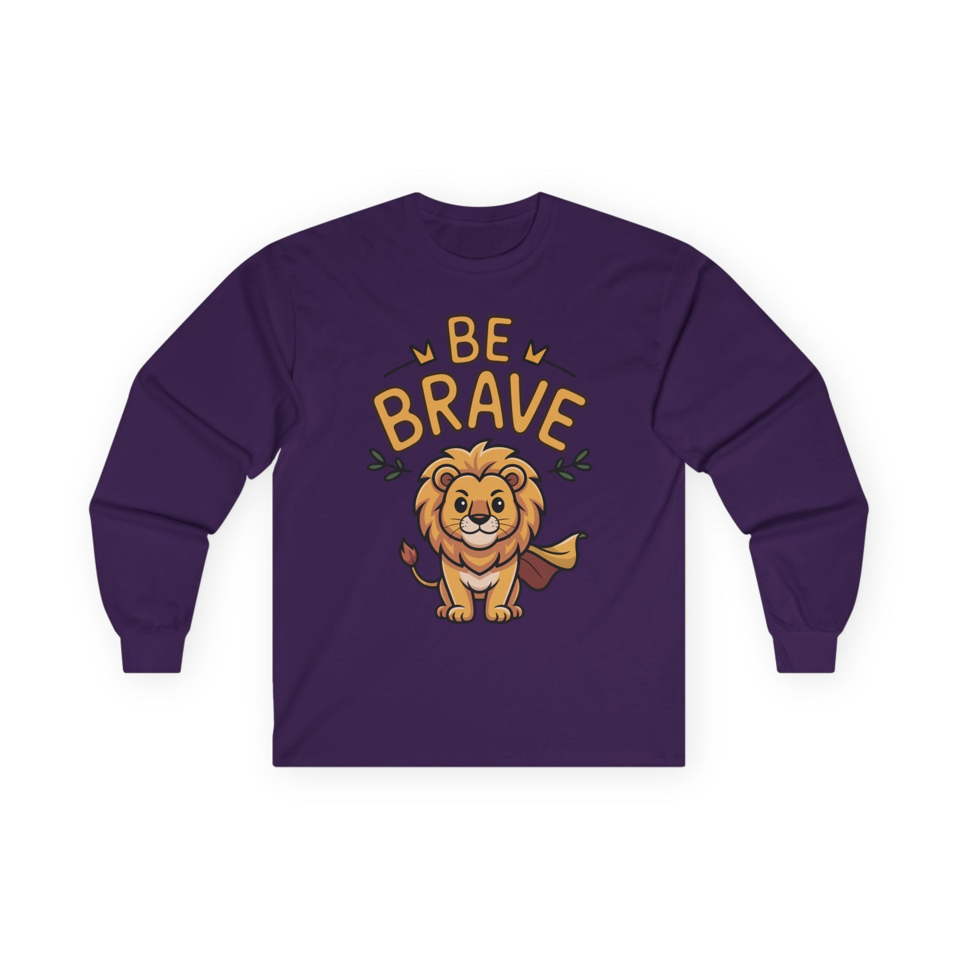  Be Brave long sleeve tee featuring cute cartoon lion with superhero cape and inspiring text. On Purple  
long-sleeve shirt