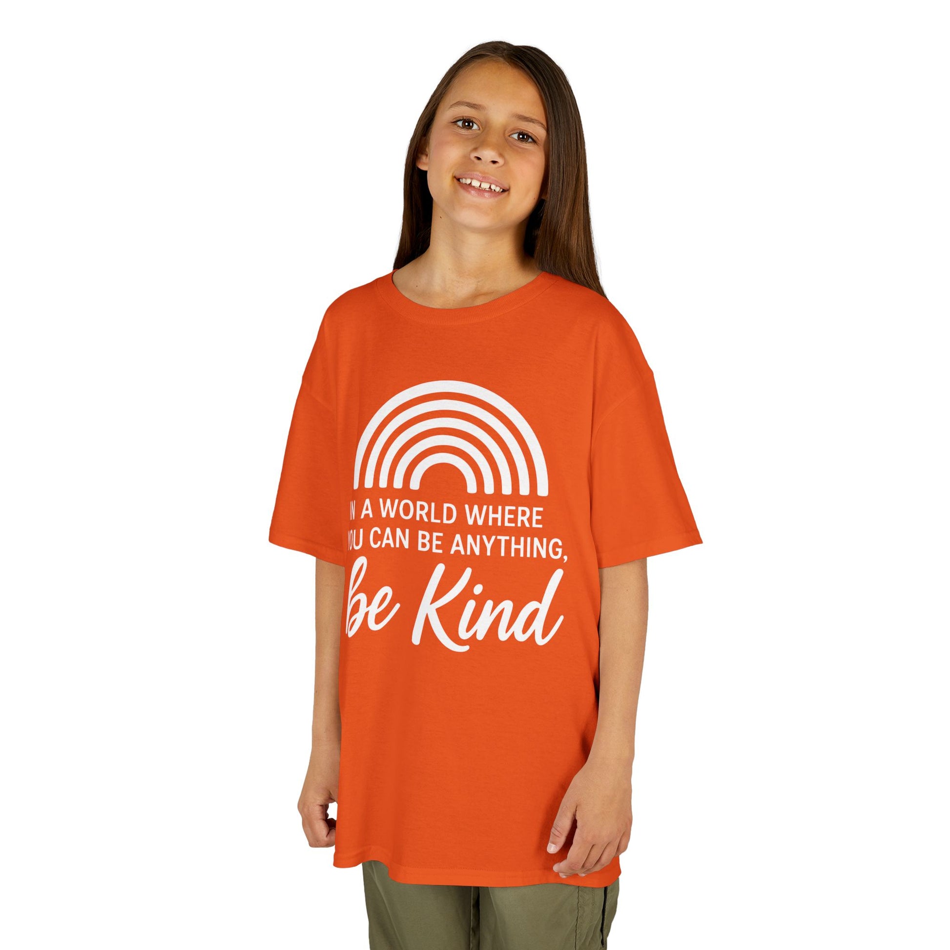 Be Kind Rainbow Orange Unity Day Anti-Bullying Kids T-shirt | TEEZOCA in a world be kind positivity Kids T-shirt