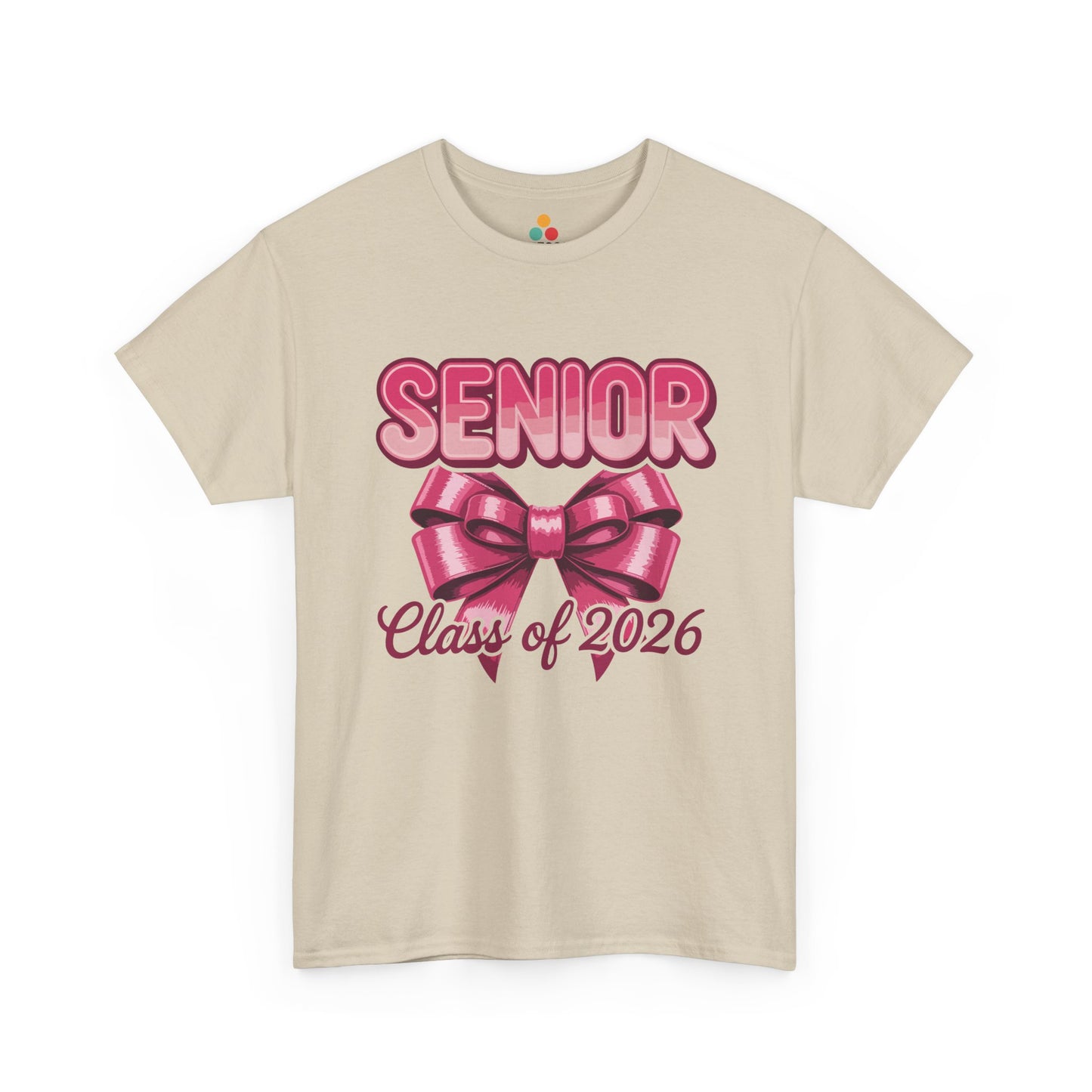 Beige TEEZOCA Senior Class of 2026 pink bow graduation t‑shirt displayed flat.