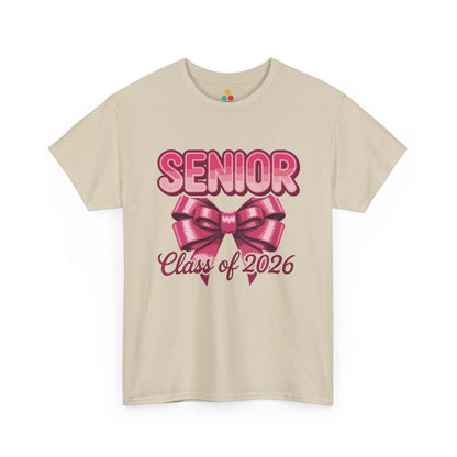 Beige TEEZOCA Senior Class of 2026 pink bow graduation t‑shirt displayed flat.