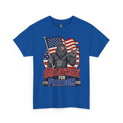 Bigfoot Shirt Squatchin' For Freedom 1776 Patriotic T-shirt Gift | Bigfoot Shirt by TEEZOCA with patriotic sunglasses, 1776 2026 dates, and a funny 4th of July Sasquatch design.
