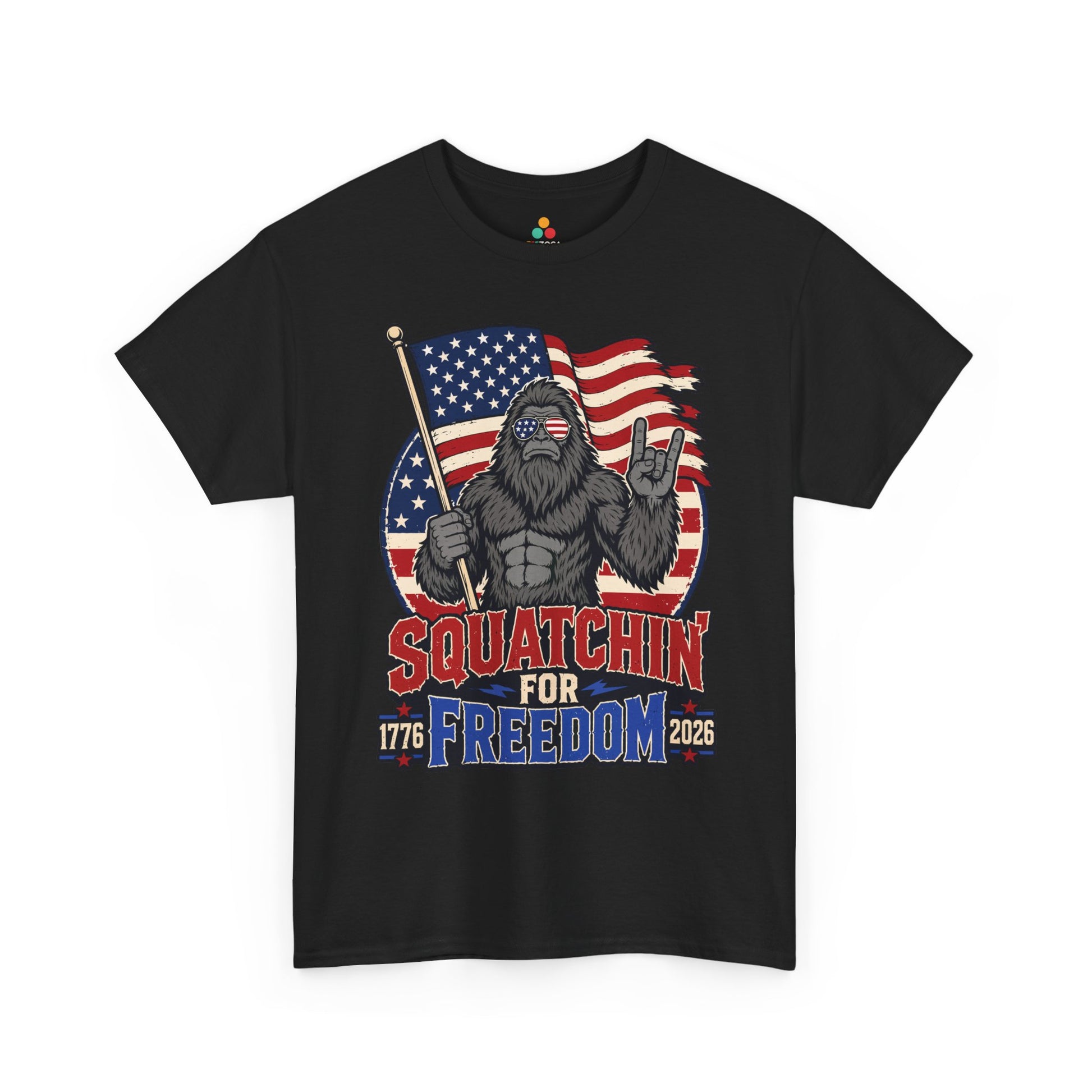 Bigfoot Shirt by TEEZOCA with patriotic sunglasses, 1776 2026 dates, and a funny 4th of July Sasquatch design.
