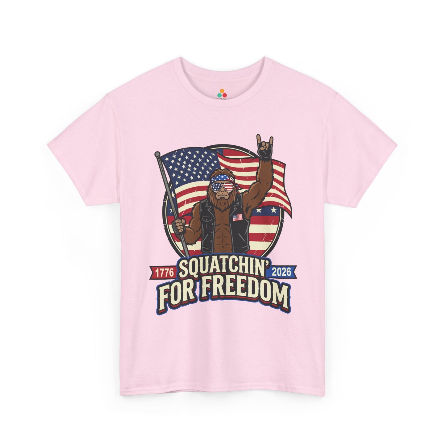 Bigfoot biker shirt T-shirt from TEEZOCA with a motorcycle shirt vibe, raised hand sign, and patriotic design.
