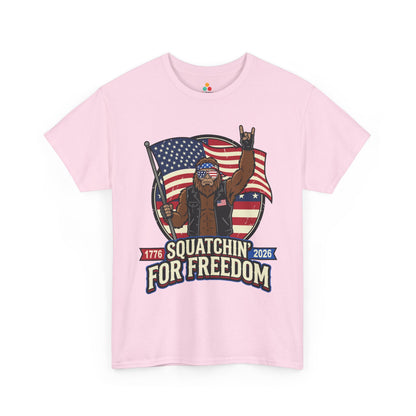 Bigfoot biker shirt T-shirt from TEEZOCA with a motorcycle shirt vibe, raised hand sign, and patriotic design.
