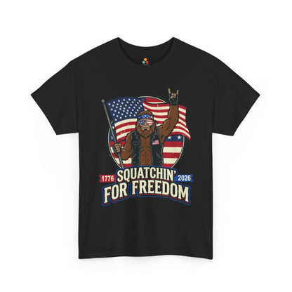 Biker Shirt Bigfoot Squatchin' For Freedom 1776 T-shirt Gift | Biker Shirt by TEEZOCA with patriotic Bigfoot artwork, 1776 2026 dates, flag sunglasses, and bold rider style.
