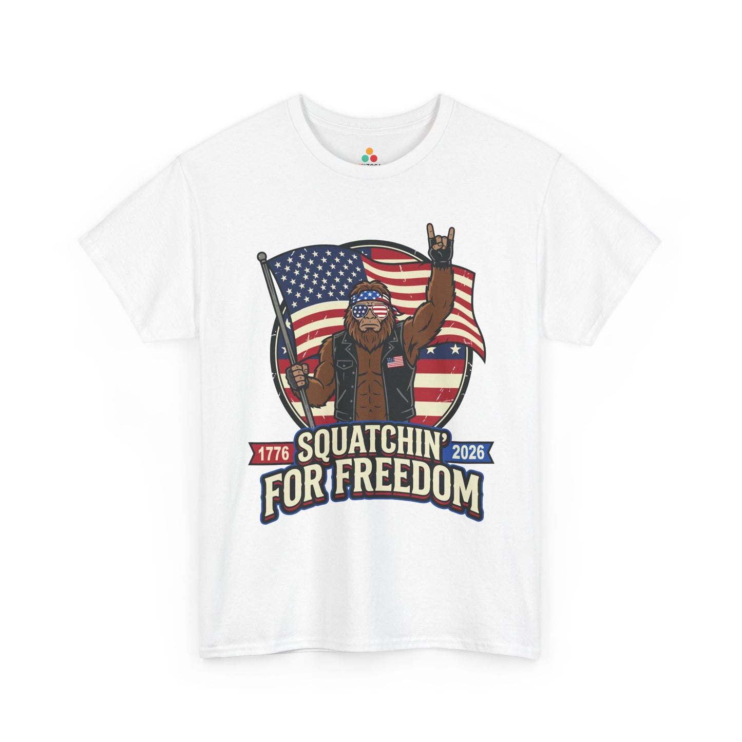 Biker Shirt Bigfoot Squatchin' For Freedom 1776 T-shirt Gift | TEEZOCA Biker Shirt T-shirt featuring Bigfoot in a biker vest with an American flag and Squatchin' For Freedom text.
