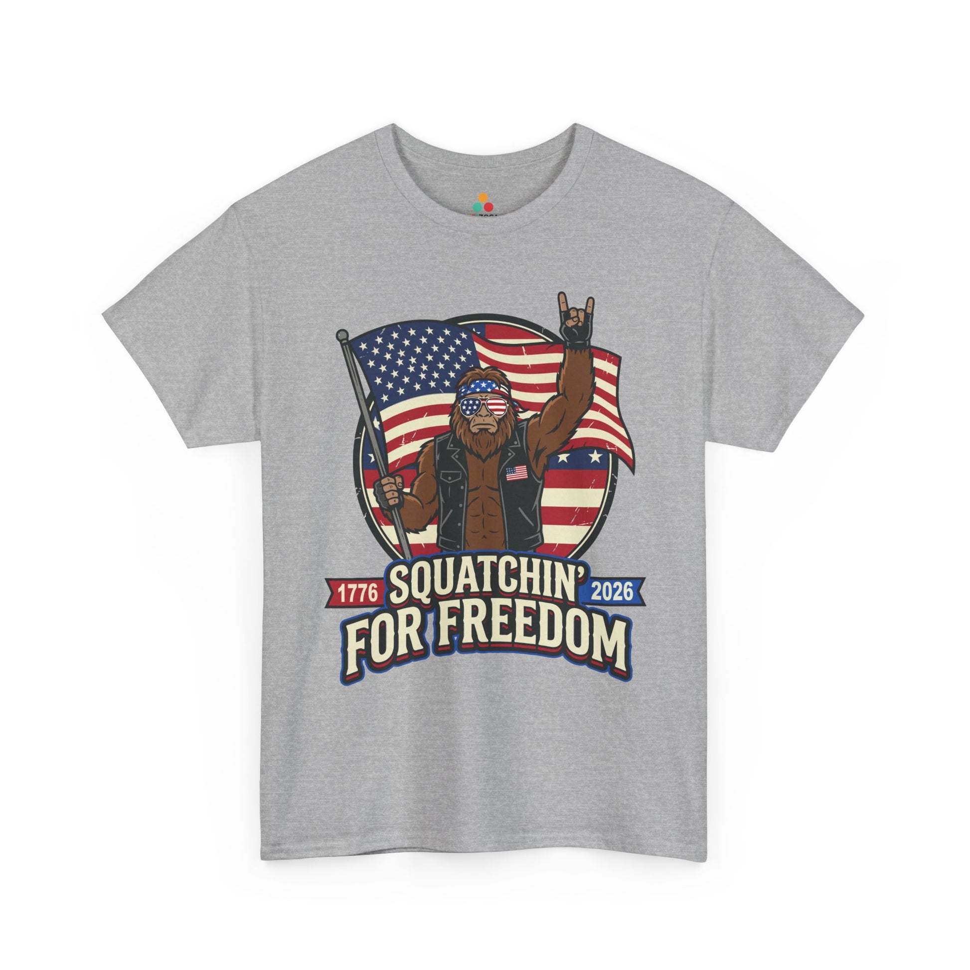 Biker Shirt by TEEZOCA with patriotic Bigfoot artwork, 1776 2026 dates, flag sunglasses, and bold rider style.

