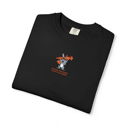 Black Comfort Colors® Huzzah! The Carrot Quest Is Complete Rabbit Embroidered T-Shirt | TEEZOCA 