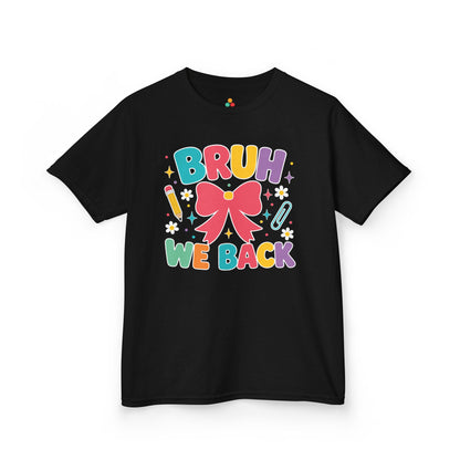 Black TEEZOCA Bruh We Back coquette kids shirt with a bow design, a cute funny back to school tee for students.
