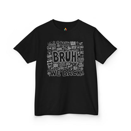 Black TEEZOCA Bruh We Back doodle kids tee in white lettering, a funny back to school shirt for students.
