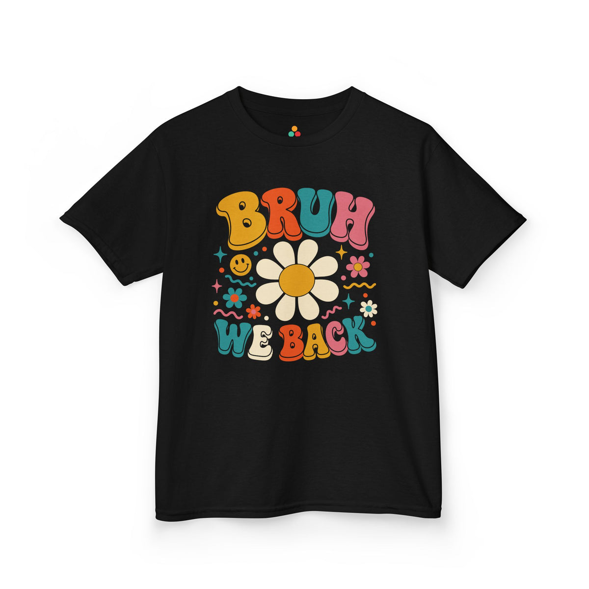 Black TEEZOCA Bruh We Back groovy kids shirt with a retro daisy design, a funny back to school tee for students.
