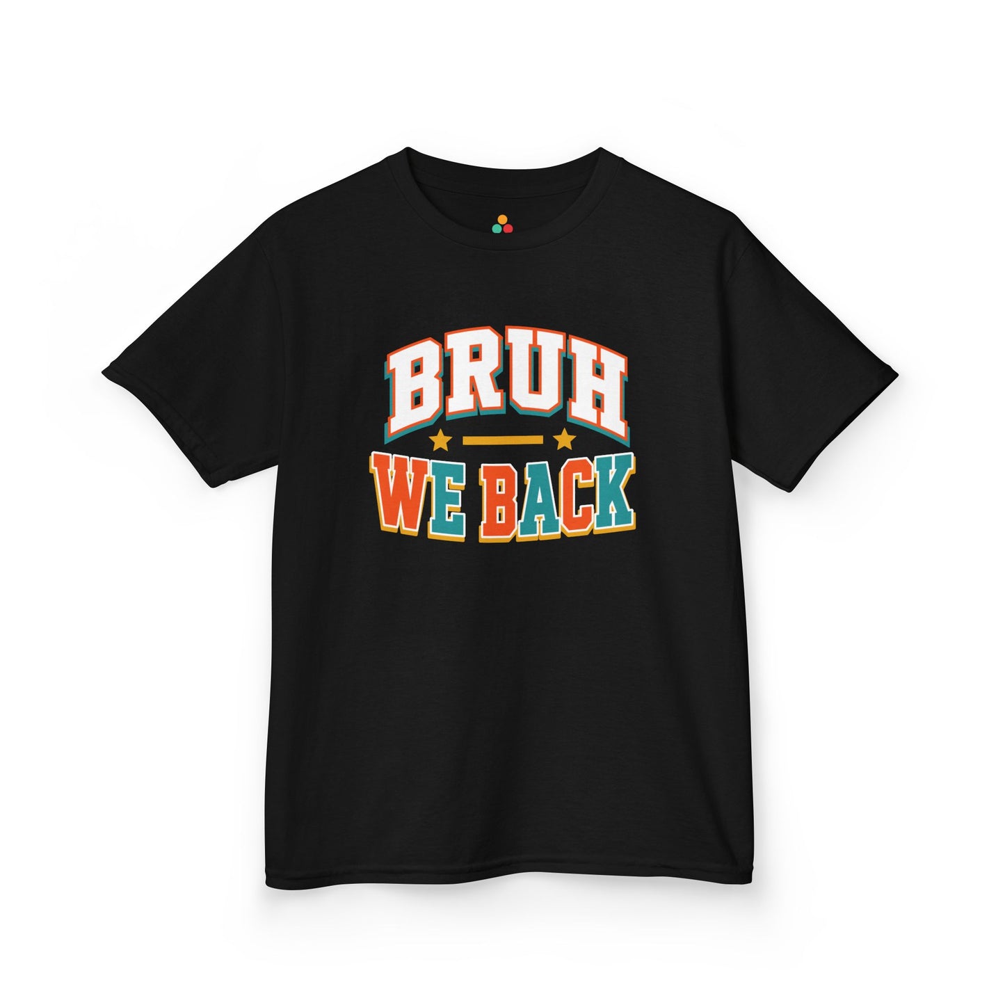 Black TEEZOCA Bruh We Back varsity kids tee, a funny back to school shirt for students.
