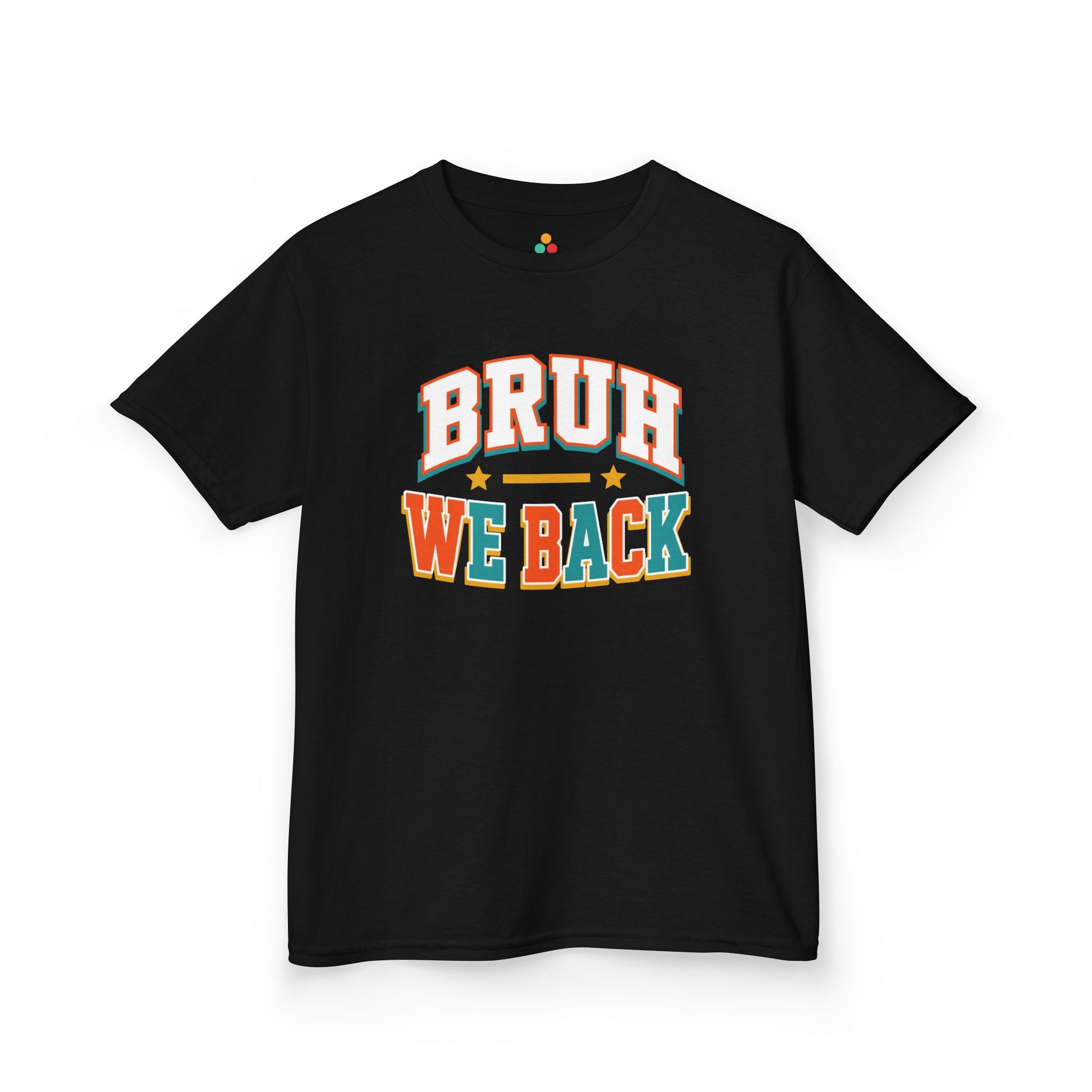 Black TEEZOCA Bruh We Back varsity kids tee, a funny back to school shirt for students.
