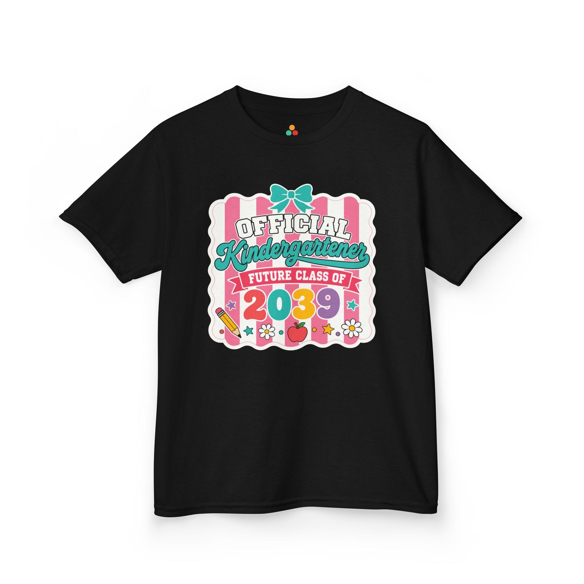 Black TEEZOCA Future Class of 2039 kids shirt with cute coquette Official Kindergartener lettering, a keepsake back to school tee.
