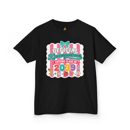 Black TEEZOCA Future Class of 2039 kids shirt with cute coquette Official Kindergartener lettering, a keepsake back to school tee.
