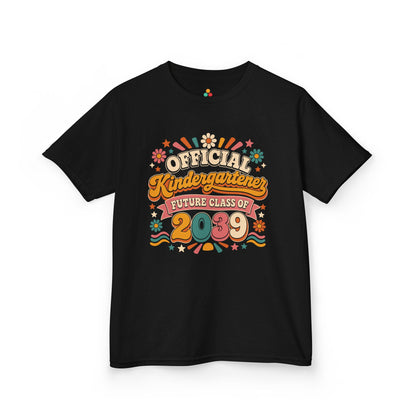Black TEEZOCA Future Class of 2039 kids shirt with retro Official Kindergartener lettering, a keepsake back to school tee.
