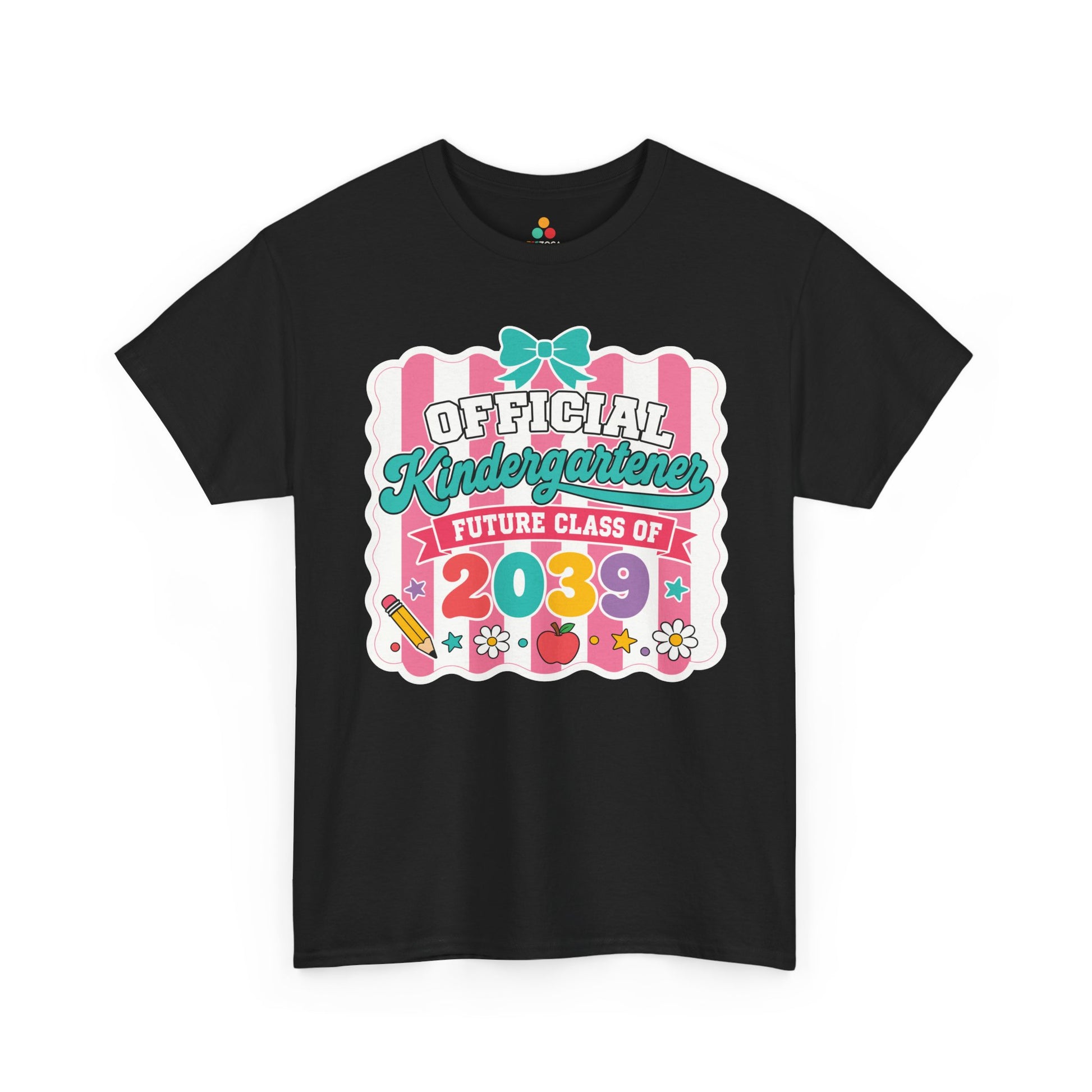 Black TEEZOCA Future Class of 2039 shirt with cute coquette Official Kindergartener lettering, a keepsake back to school tee.
