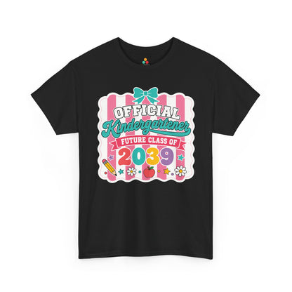 Black TEEZOCA Future Class of 2039 shirt with cute coquette Official Kindergartener lettering, a keepsake back to school tee.
