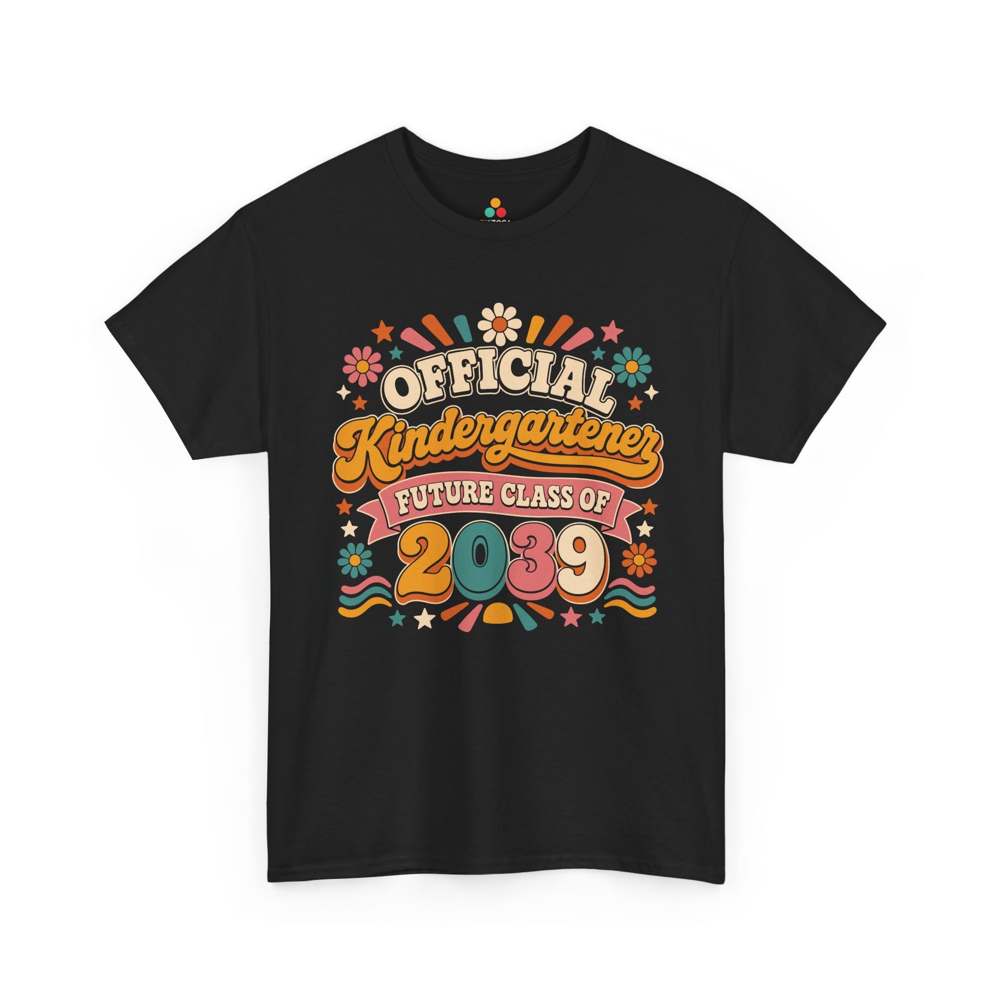 Black TEEZOCA Future Class of 2039 shirt with retro Official Kindergartener lettering, a keepsake back to school tee for the new school year.
