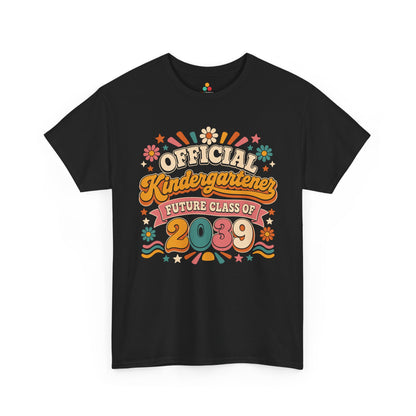 Black TEEZOCA Future Class of 2039 shirt with retro Official Kindergartener lettering, a keepsake back to school tee for the new school year.
