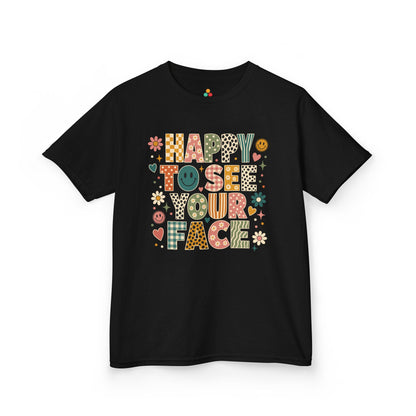 Black TEEZOCA Happy to See Your Face boho kids shirt with earthy patterned lettering, a cute back to school tee.

