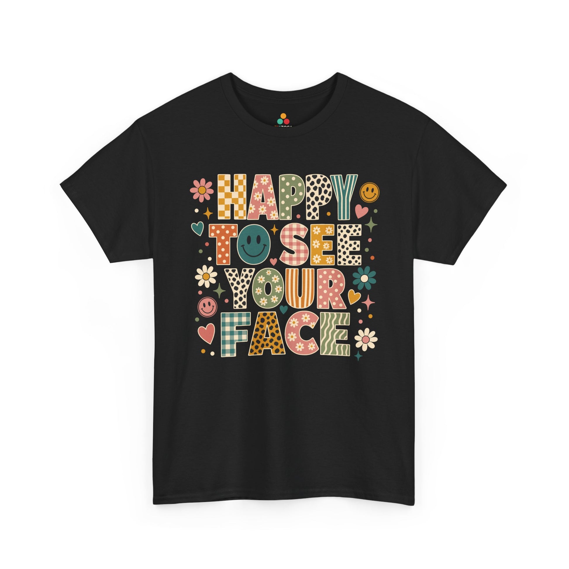 Black TEEZOCA Happy to See Your Face boho shirt with earthy patterned lettering, a cute teacher back to school tee for the new school year.
