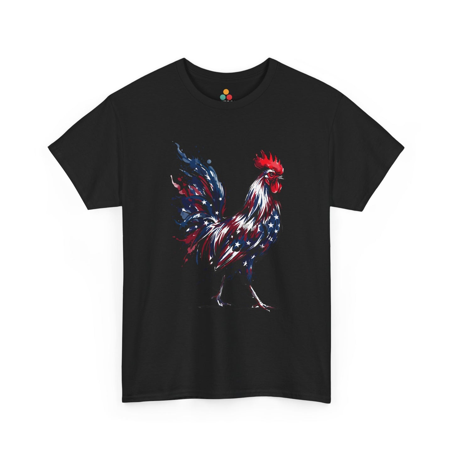 Black  TEEZOCA T-Shirt featuring a bold watercolor-style rooster painted in red, white, and blue American flag colors with stars and paint splashes on white fabric.