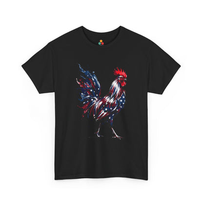 Black  TEEZOCA T-Shirt featuring a bold watercolor-style rooster painted in red, white, and blue American flag colors with stars and paint splashes on white fabric.