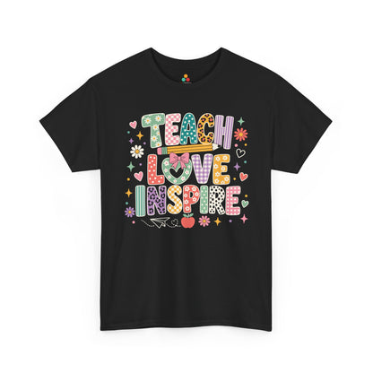 Black TEEZOCA Teach Love Inspire shirt with mixed-pattern lettering, a cute teacher back to school tee for the new school year.
