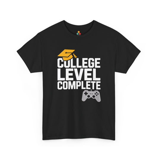 Black TEEZOCA t‑shirt with “COLLEGE LEVEL COMPLETE” text, yellow grad cap, and game controller graphic shown flat.