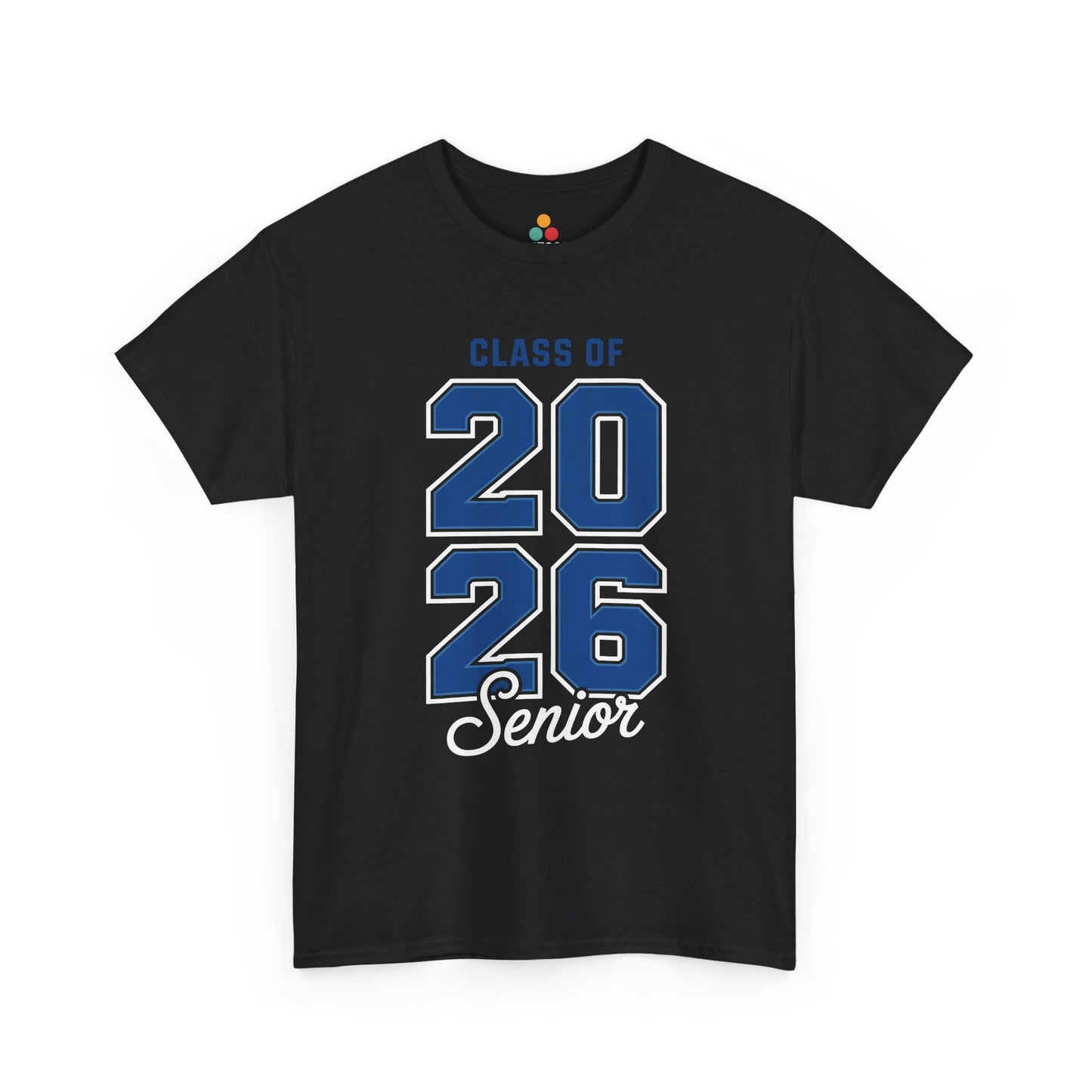 Black TEEZOCA t‑shirt with blue “CLASS OF 2026 Senior” bold athletic font shown flat.