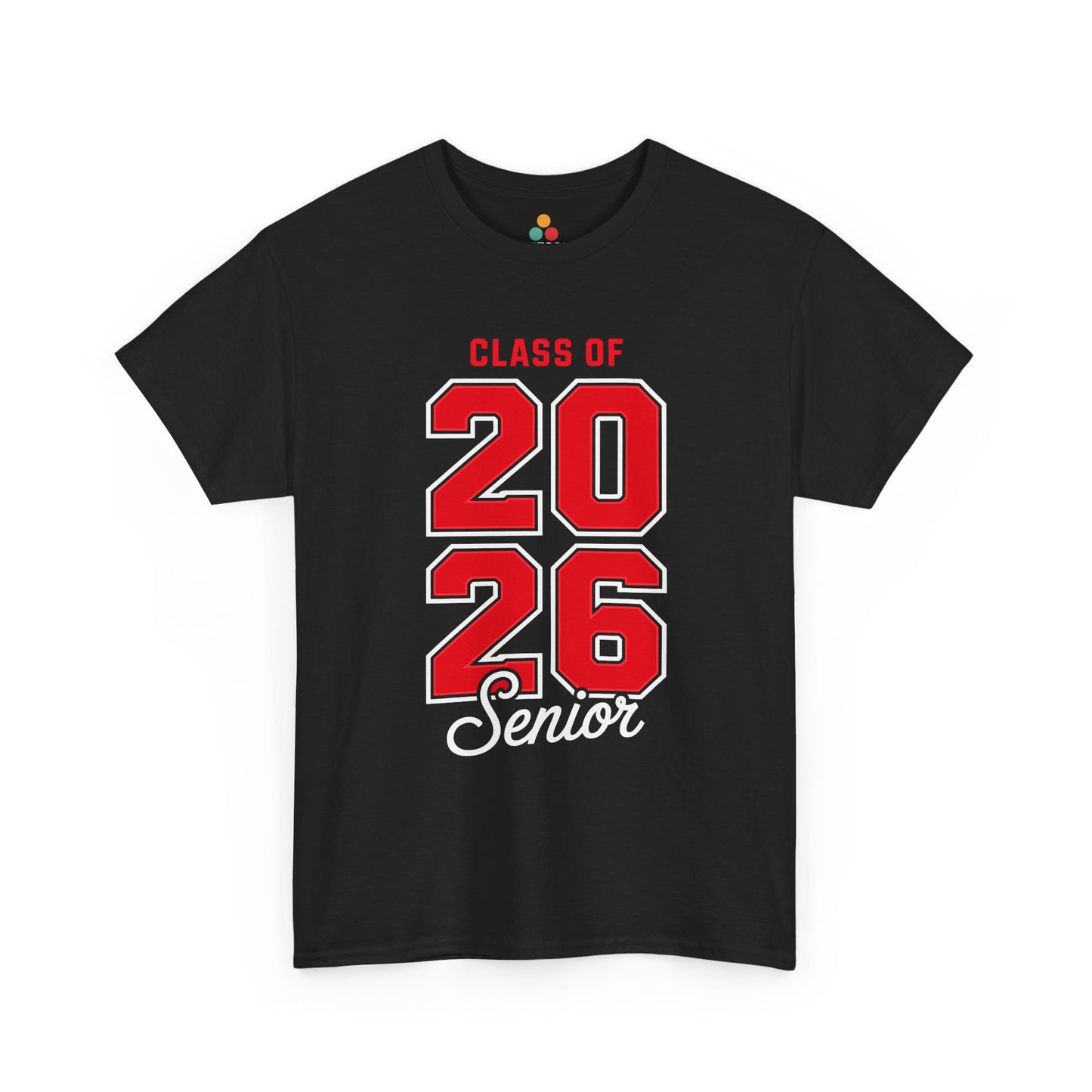 Black TEEZOCA t‑shirt with red “CLASS OF 2026 Senior” bold athletic font shown flat.