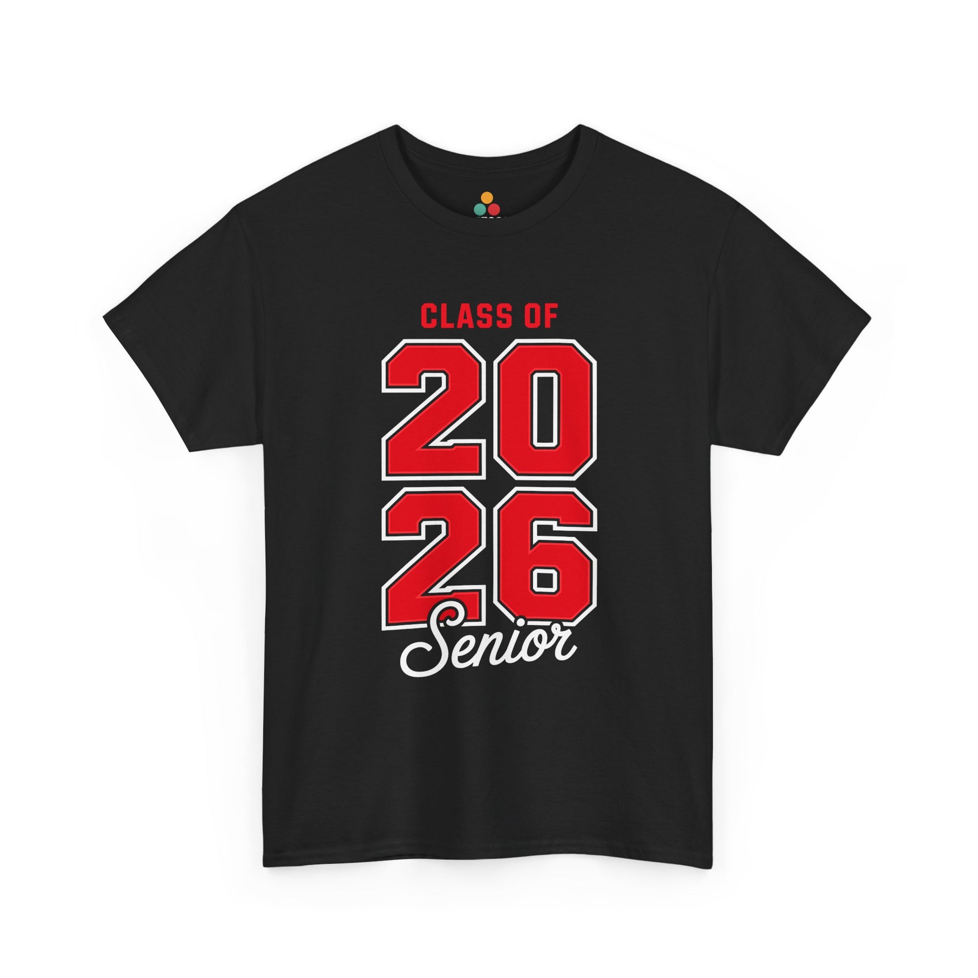 Black TEEZOCA t‑shirt with red “CLASS OF 2026 Senior” bold athletic font shown flat.