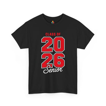 Black TEEZOCA t‑shirt with red “CLASS OF 2026 Senior” bold athletic font shown flat.