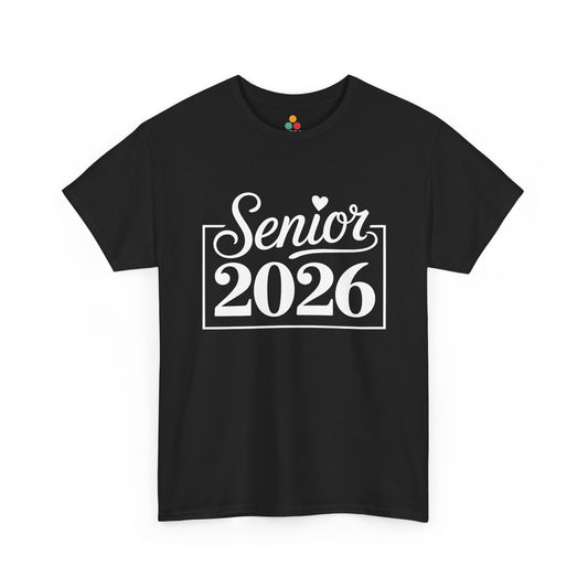Black TEEZOCA t‑shirt with white “Senior 2026” script and heart framed in a box shown flat.