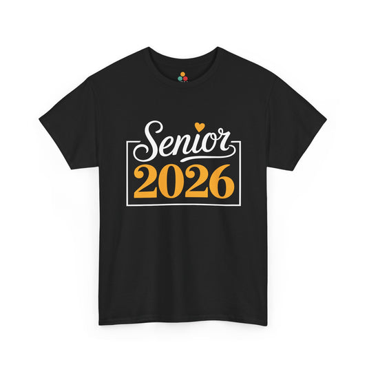 Black TEEZOCA t‑shirt with white “Senior” script, yellow “2026,” and heart framed in a box shown flat.