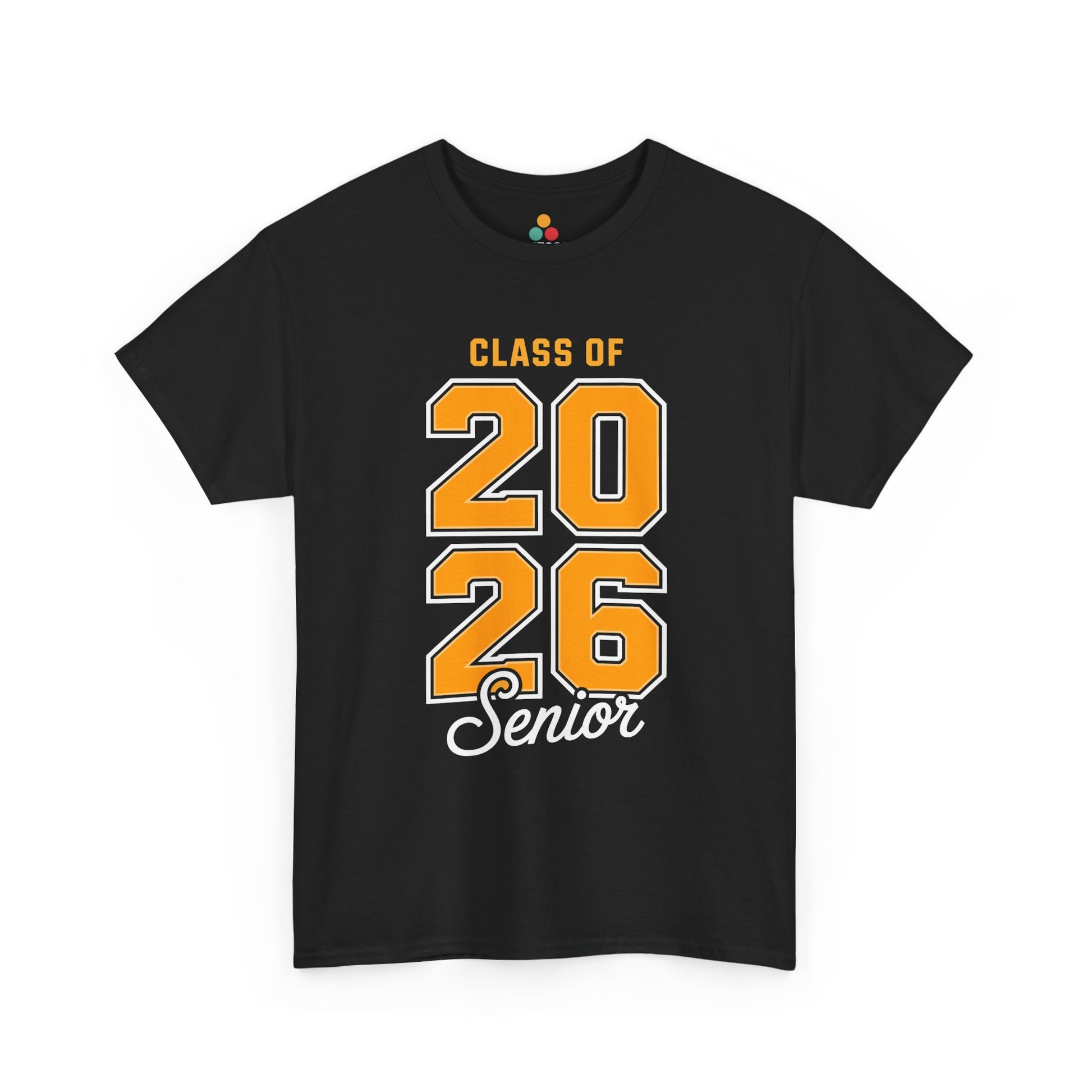 Black TEEZOCA t‑shirt with yellow “CLASS OF 2026 Senior” bold athletic font shown flat.