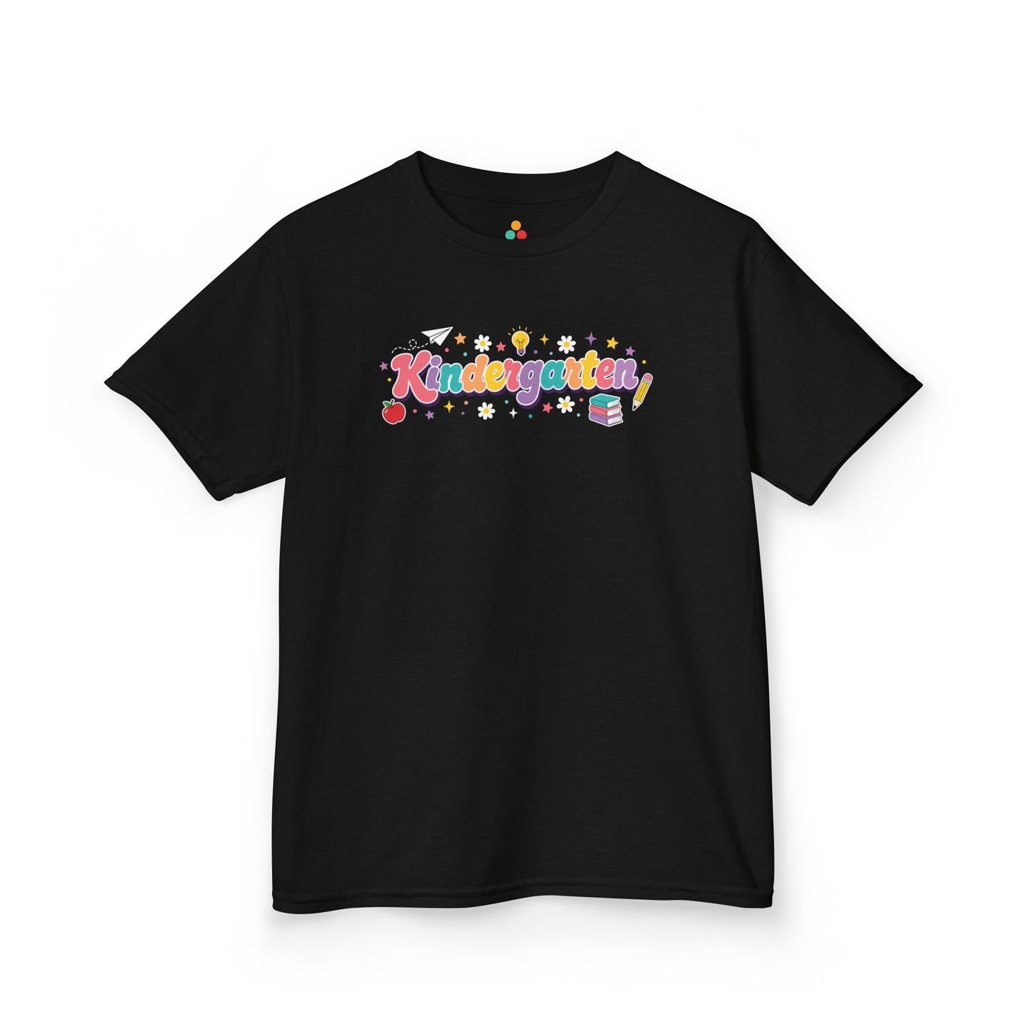 Black blue t-shirt with 'Kindergarten' text on a white background. TEEZOCA t-shirt featuring playful Kindergarten word art for parents choosing kindergarten shirts for girls and first-day photos.