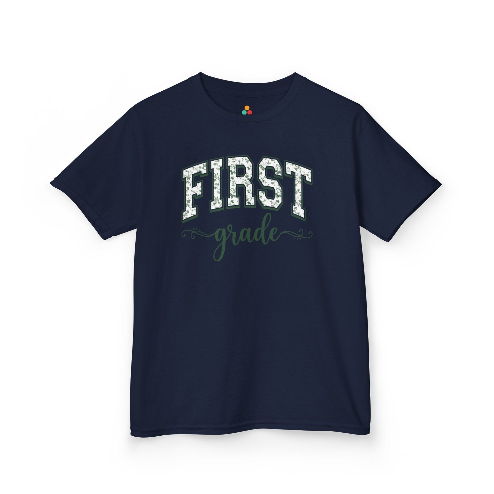 Black t-shirt . Matching first grade shirt by TEEZOCA in sage florals, worn by a child stepping into the new school year.
