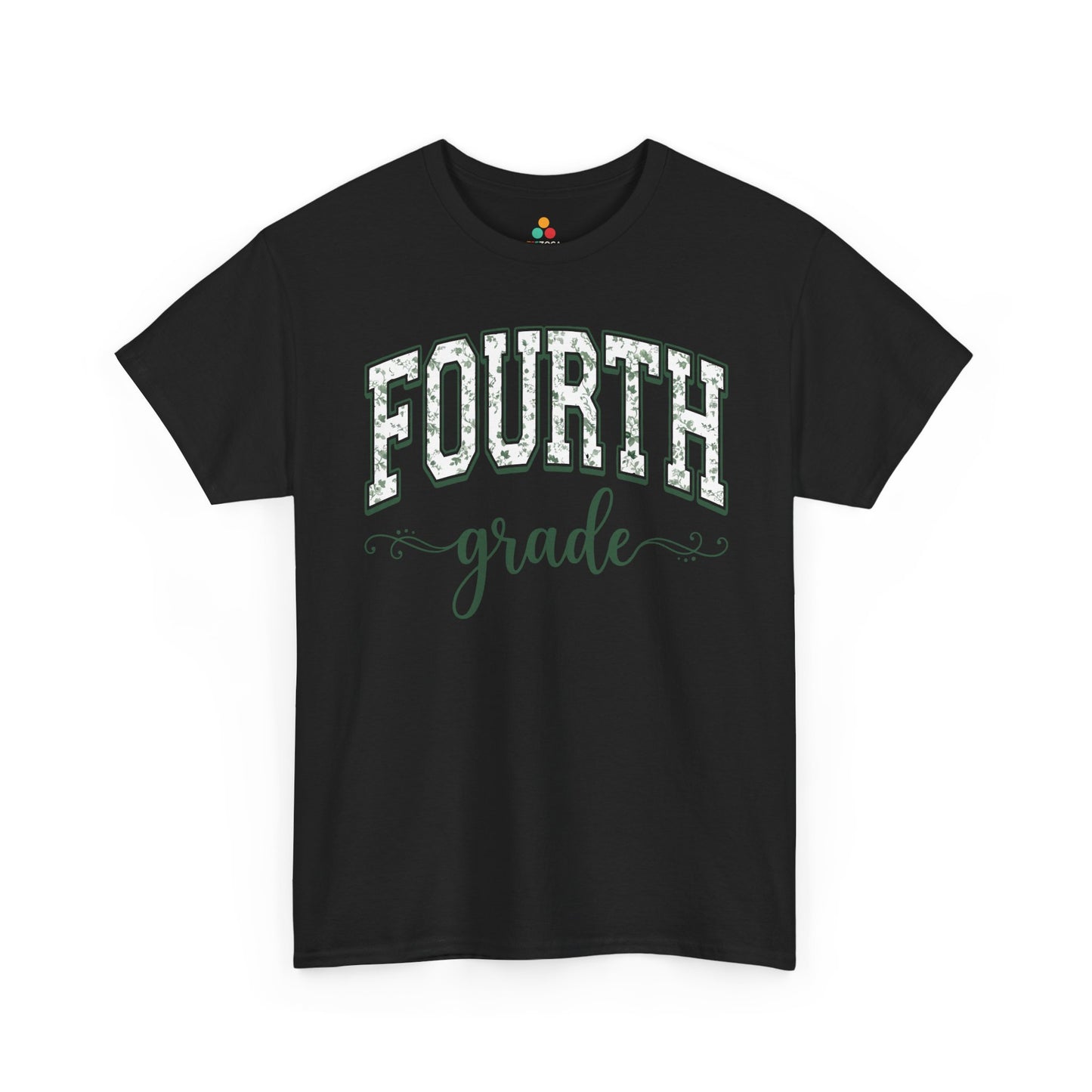 Black t-shirt with 'FOURTH grade' text on a white background. TEEZOCA fourth grade teacher shirt featuring sage floral varsity lettering, a cute back to school tee for teachers.
