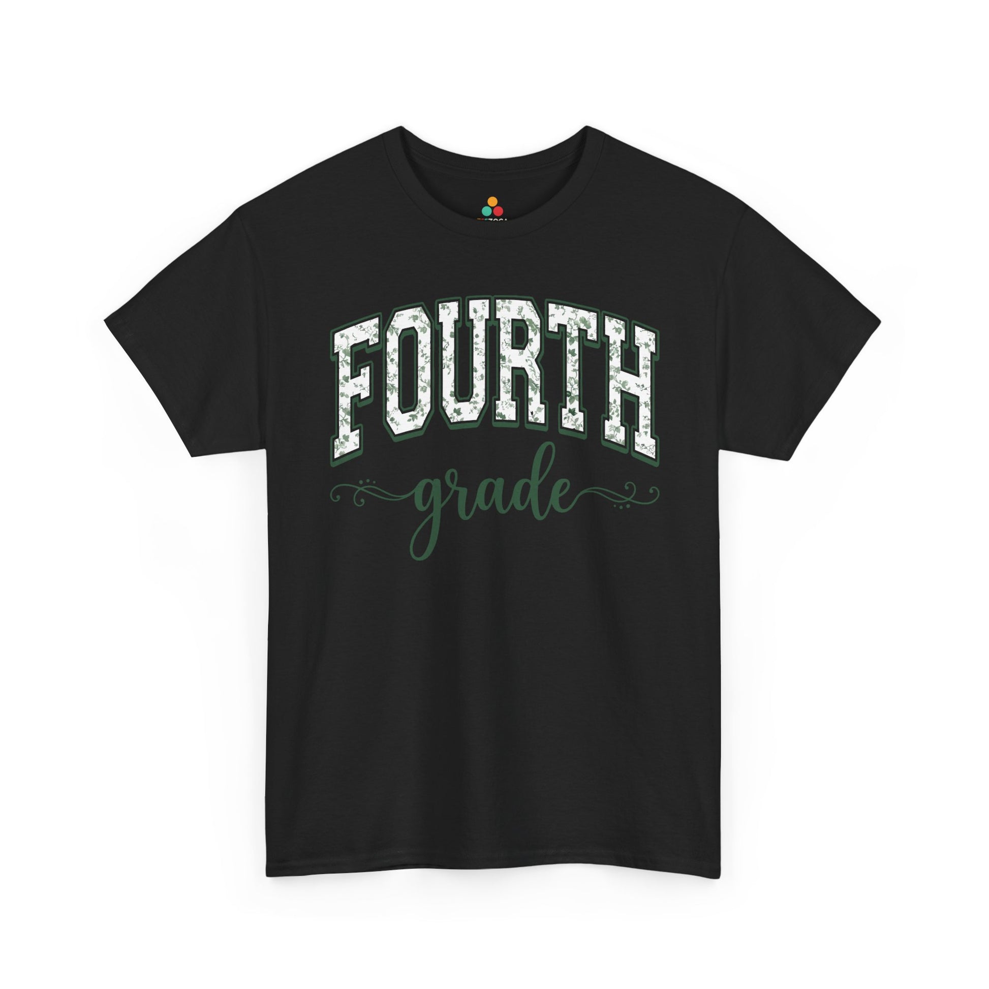 Black t-shirt with 'FOURTH grade' text on a white background. TEEZOCA fourth grade teacher shirt featuring sage floral varsity lettering, a cute back to school tee for teachers.
