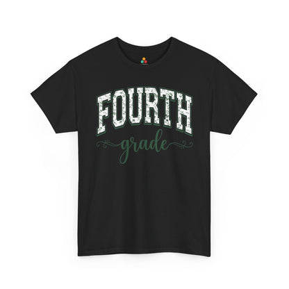 Black t-shirt with 'FOURTH grade' text on a white background. TEEZOCA fourth grade teacher shirt featuring sage floral varsity lettering, a cute back to school tee for teachers.

