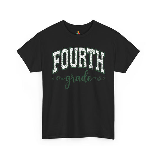 Black t-shirt with 'FOURTH grade' text on a white background. TEEZOCA fourth grade teacher shirt featuring sage floral varsity lettering, a cute back to school tee for teachers.
